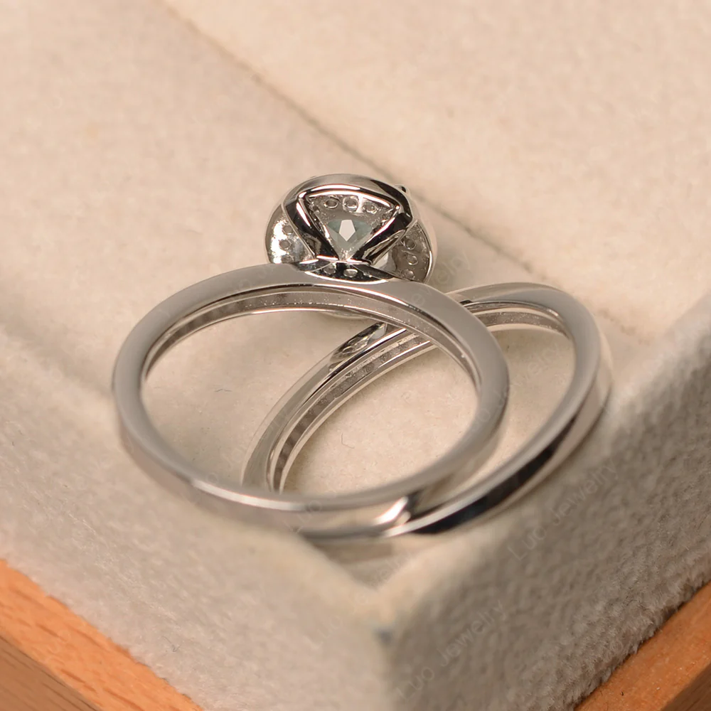 Round Cut Aquamarine Halo Bridal Set Ring - Image 3