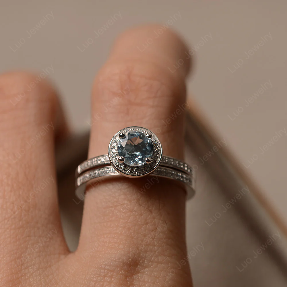 Round Cut Aquamarine Halo Bridal Set Ring - Image 4
