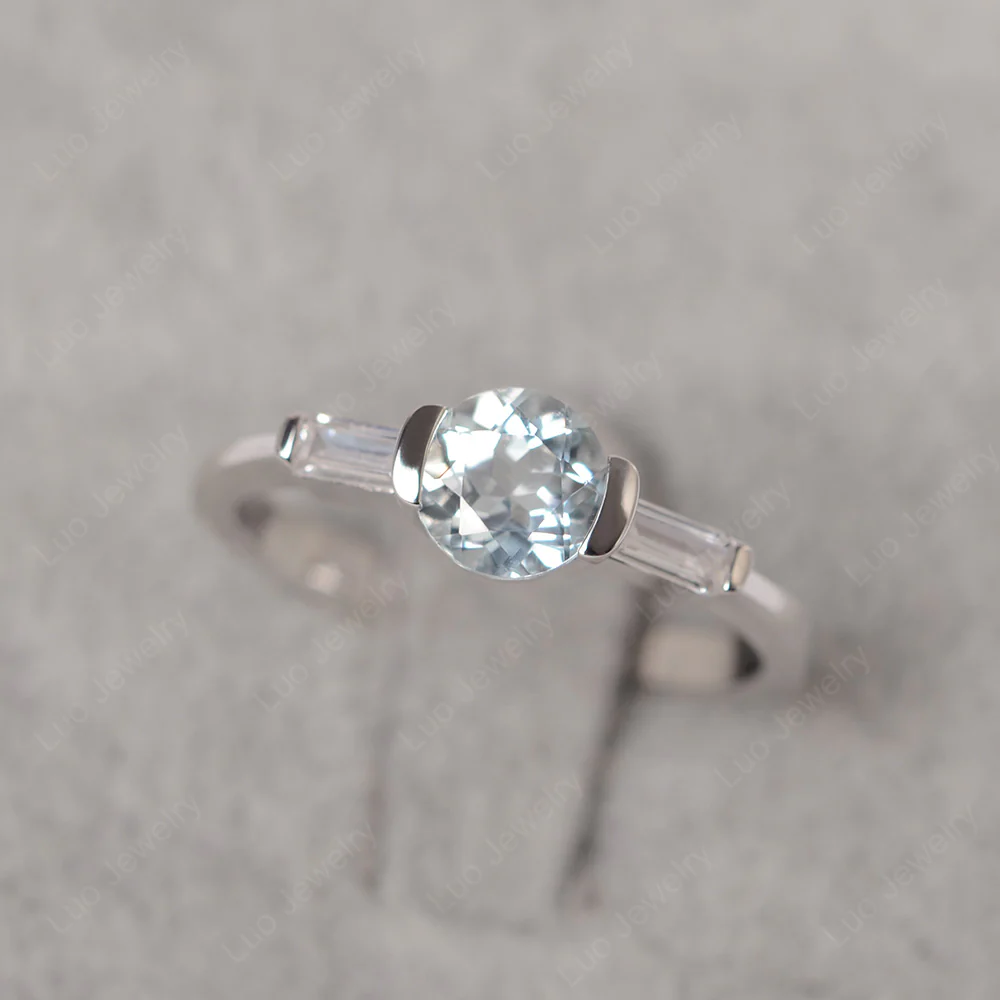 Aquamarine Ring Round Cut with Baguette Side
