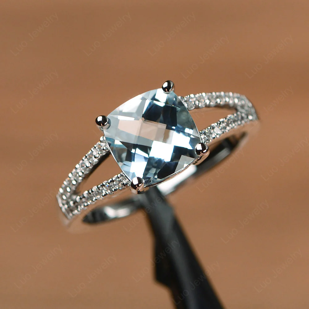 Cushion Cut Aquamarine Split Shank Ring