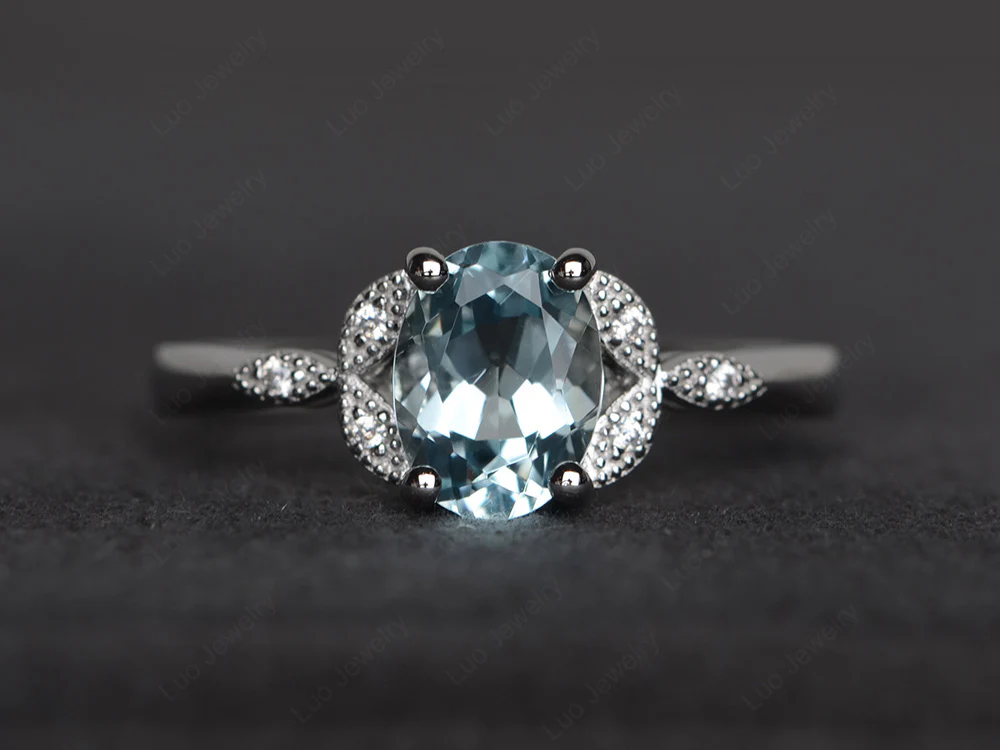 Oval Aquamarine Leaf Engagement Ring