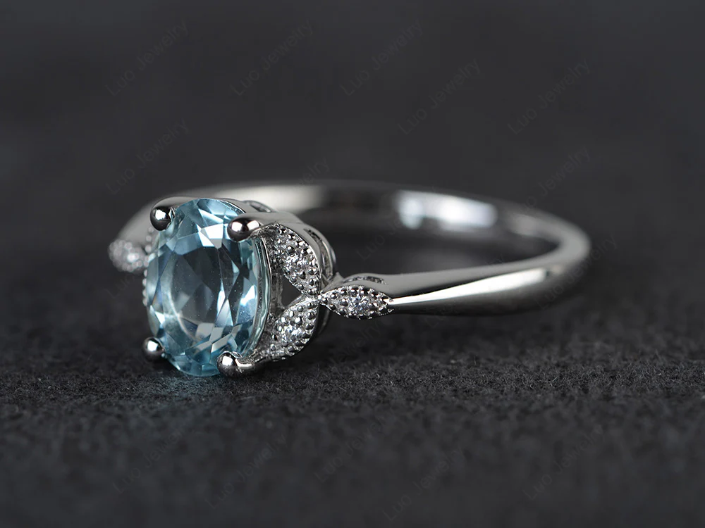 Oval Aquamarine Leaf Engagement Ring - Image 2