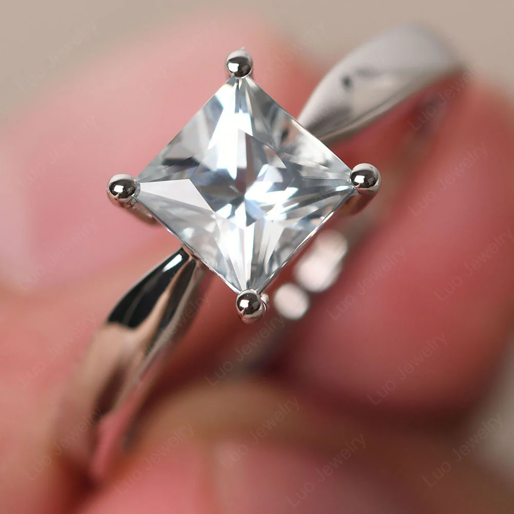 Princess Cut Aquamarine Tapered Band Ring - Image 2