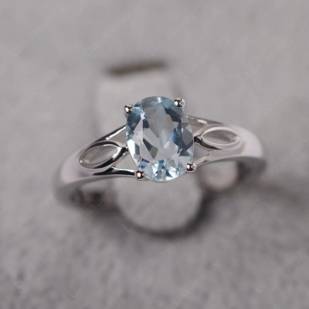 Oval Aquamarine Solitaire Split Shank Ring