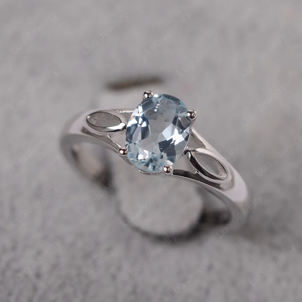 Oval Aquamarine Solitaire Split Shank Ring - Image 2