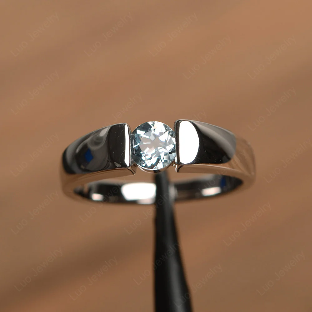Aquamarine Solitaire Wide Band Ring