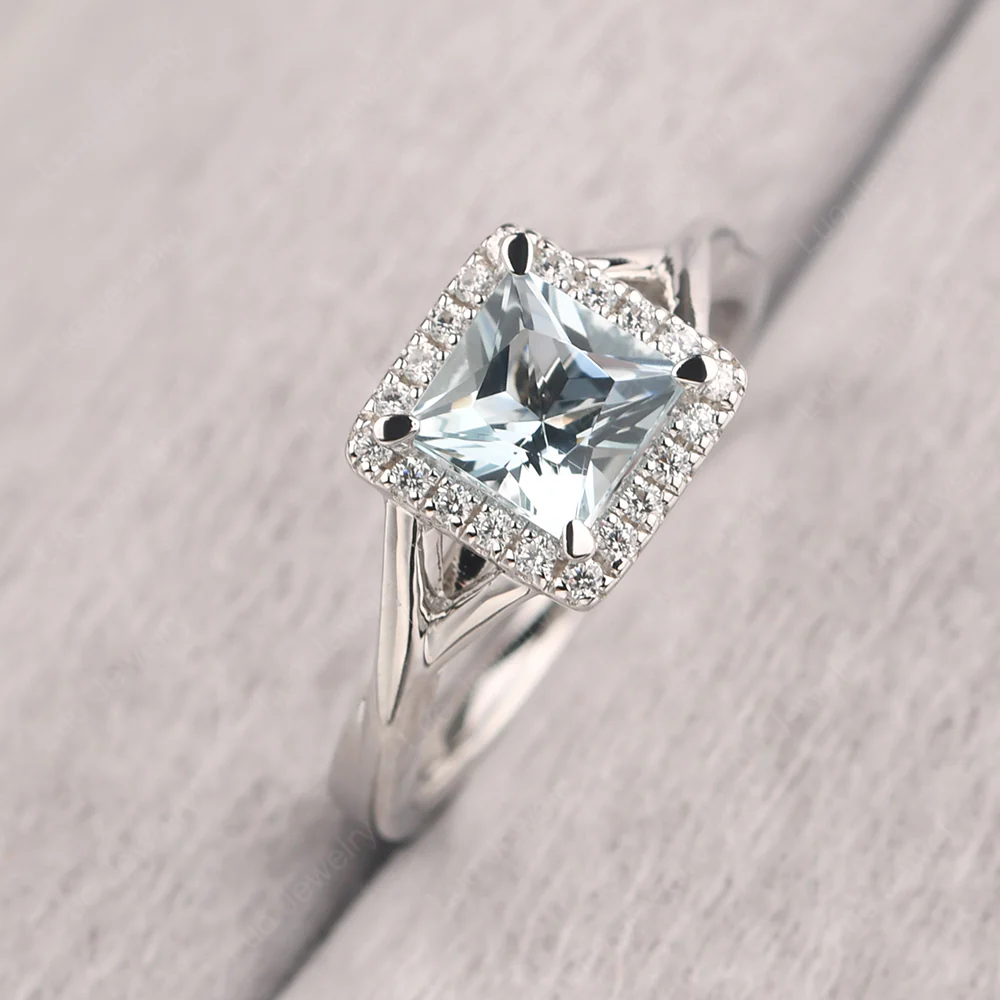 Aquamarine Split Shank Halo Engagement Ring - Image 3