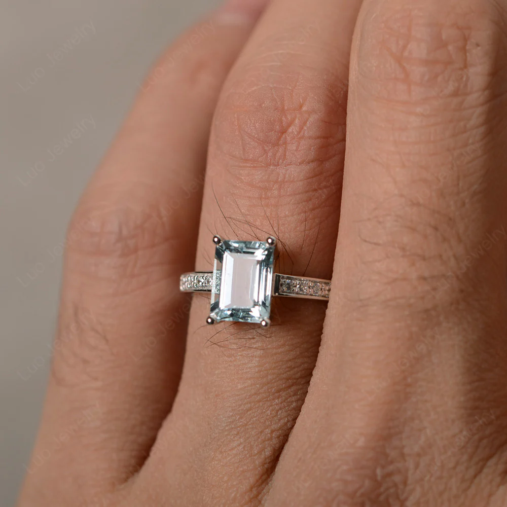 Aquamarine Emerald Cut Promise Ring - Image 4
