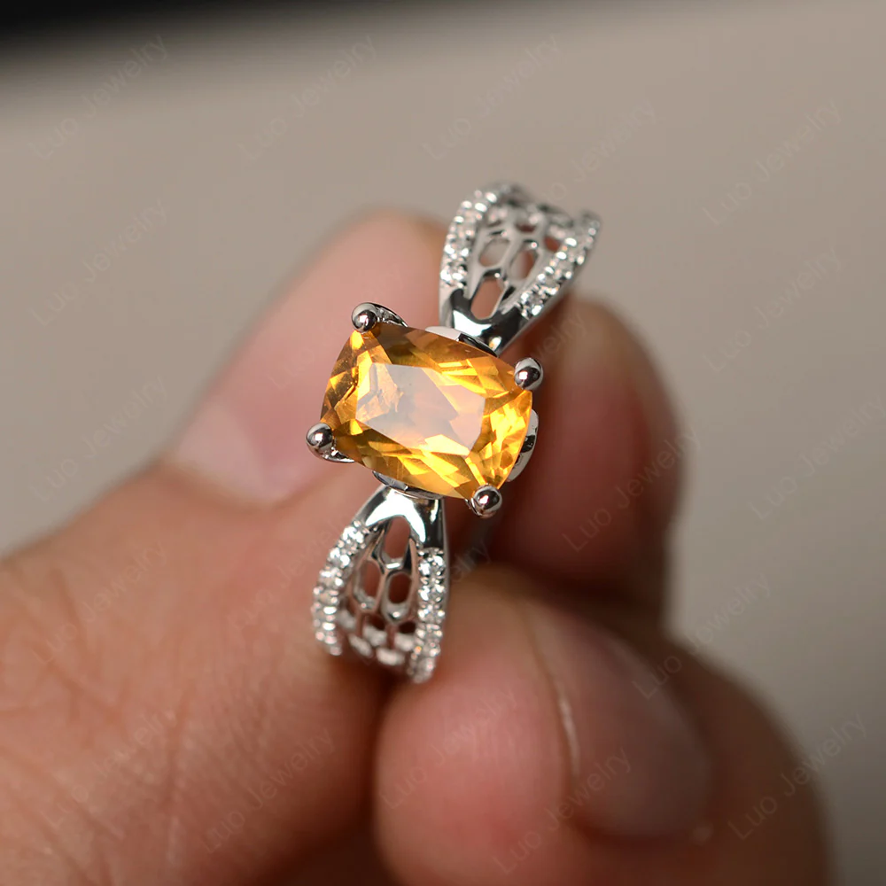 Art Deco Cushion Cut Citrine Promise Ring