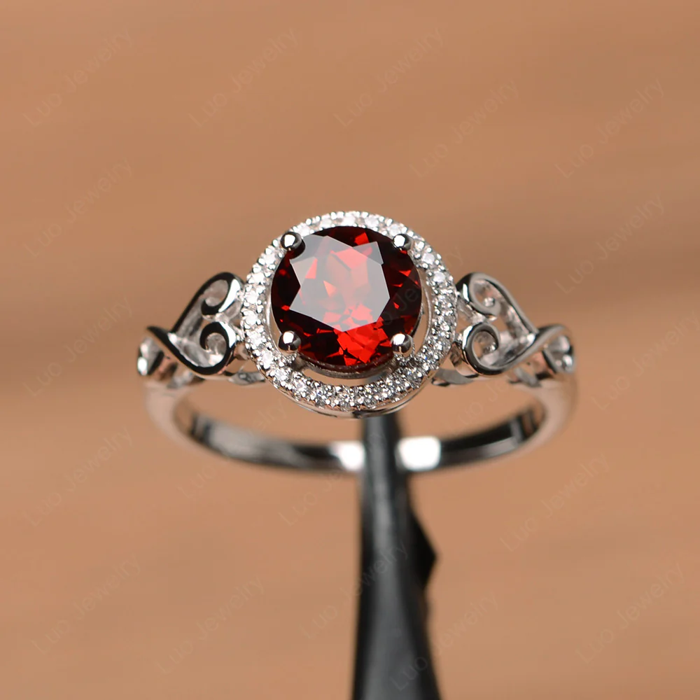 Art Deco Garnet Halo Engagement Ring