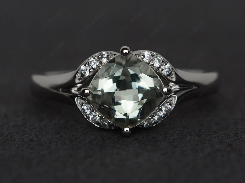 Green Amethyst Kite Set Cushion Cut Ring