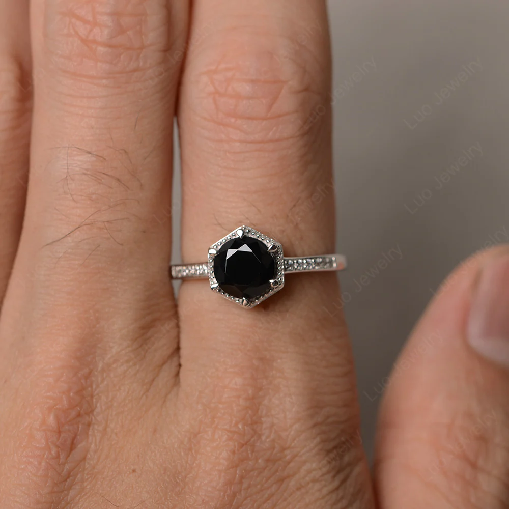 Art Deco Hexagon Set Black Spinel Ring - Image 3