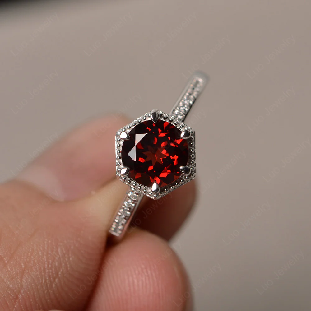 Art Deco Hexagon Set Garnet Ring