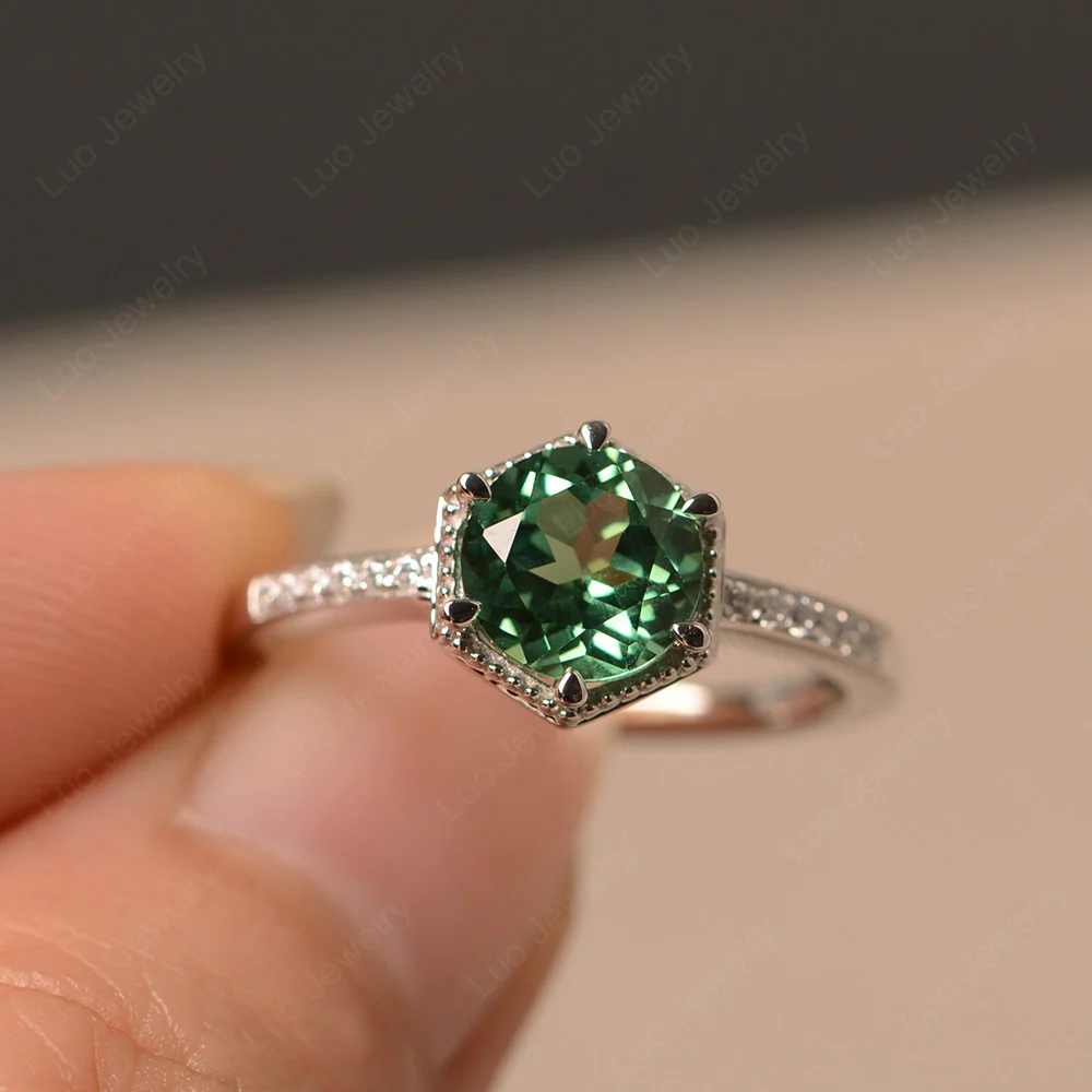 Art Deco Hexagon Set Green Sapphire Ring