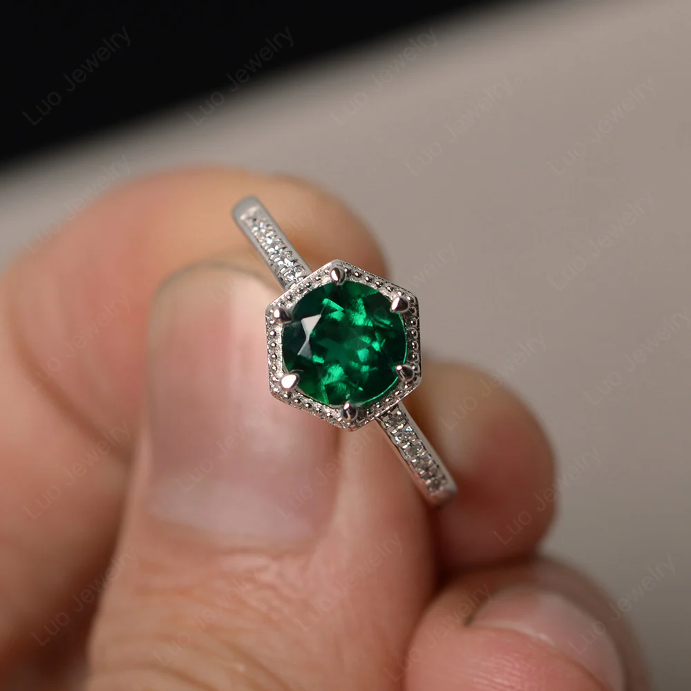 Art Deco Hexagon Set Emerald Ring