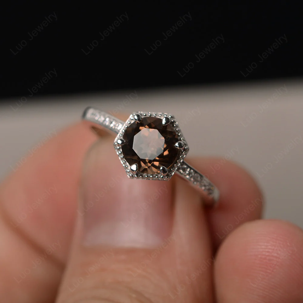 Art Deco Hexagon Set Smoky Quartz Ring
