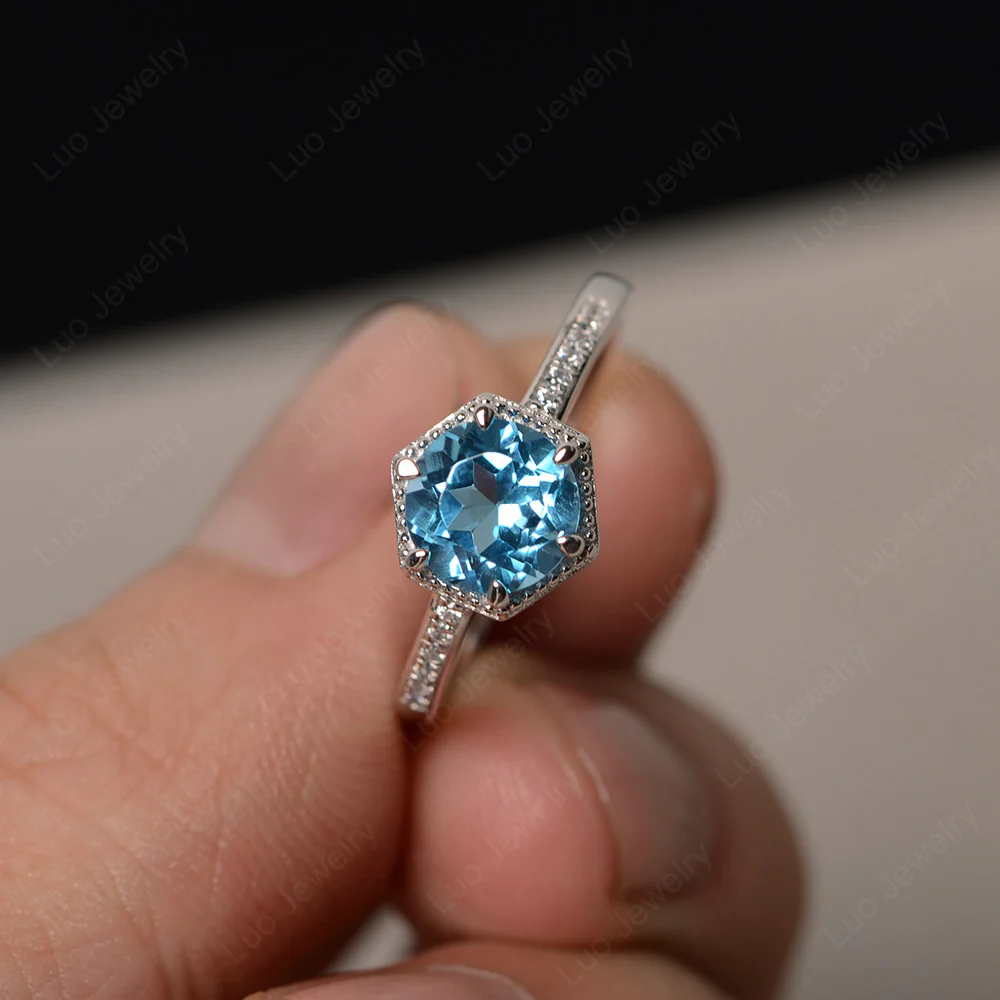 Art Deco Hexagon Set Swiss Blue Topaz Ring
