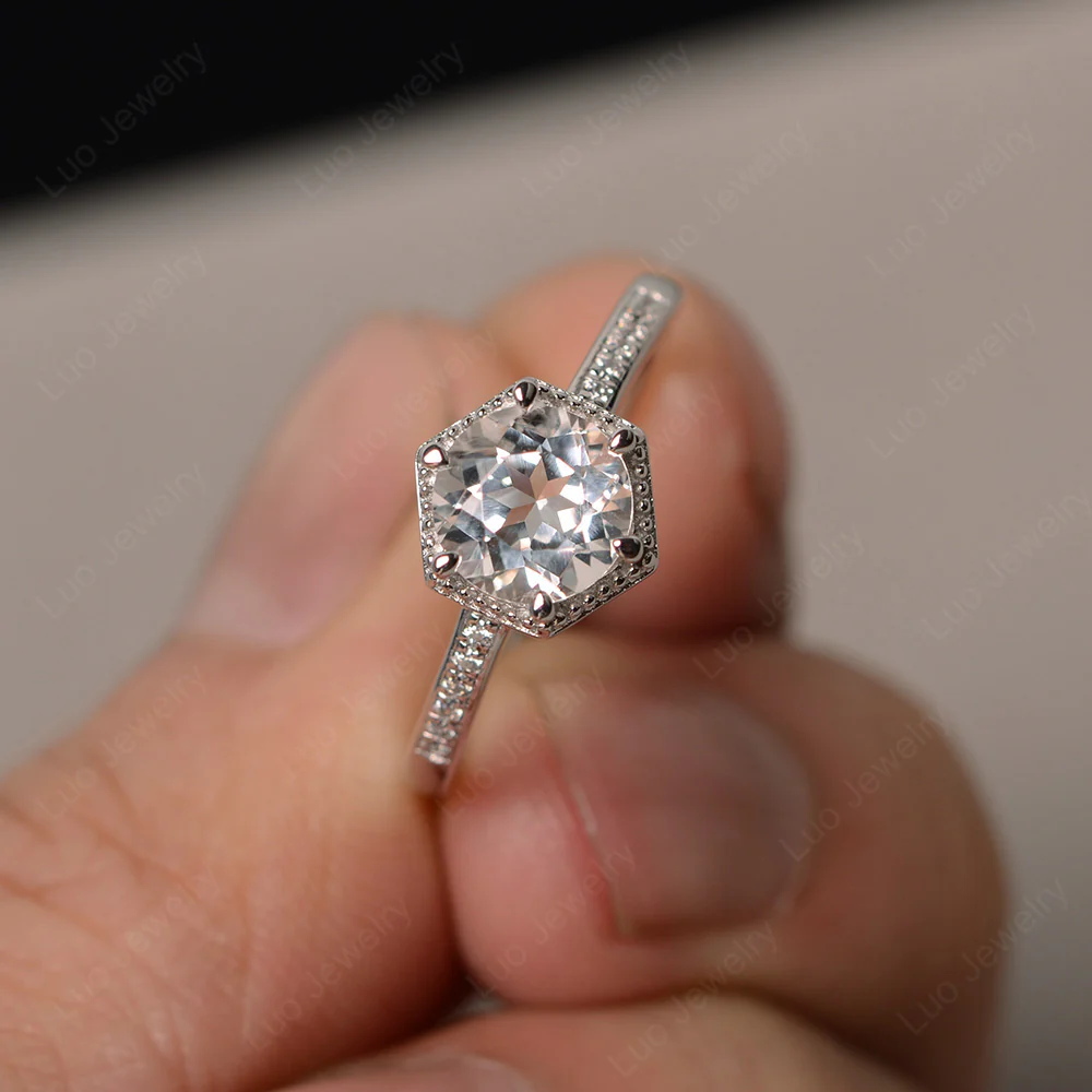 Art Deco Hexagon Set White Topaz Ring