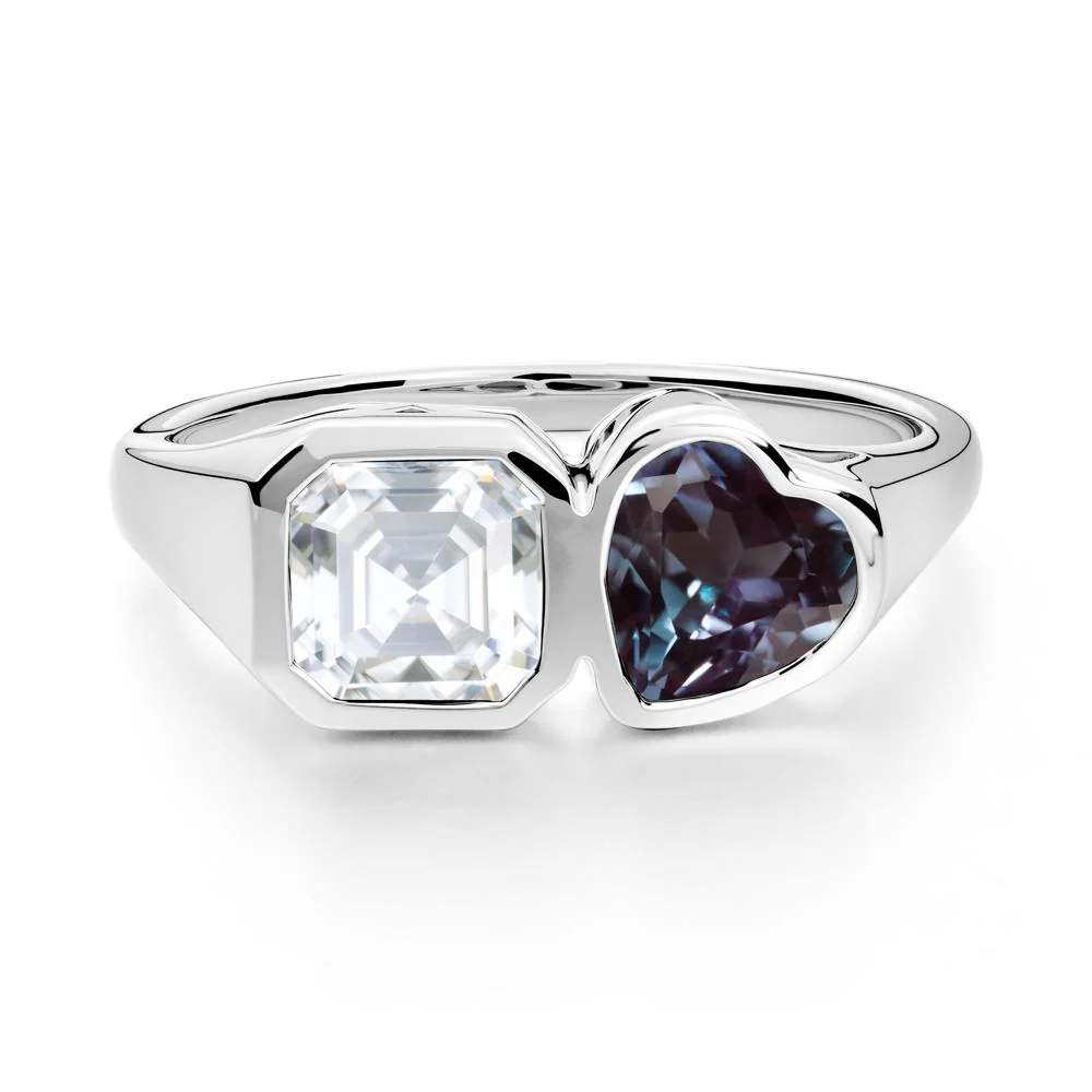 Asscher and Heart Shaped Alexandrite and Moissanite Tet Moi Ring