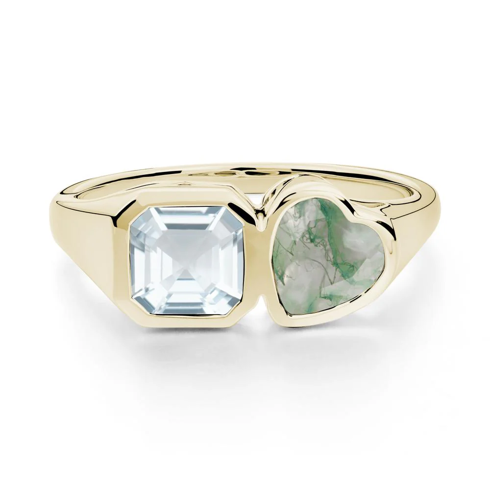 Asscher and Heart Shaped Aquamarine and Moss Agate Tet Moi Ring