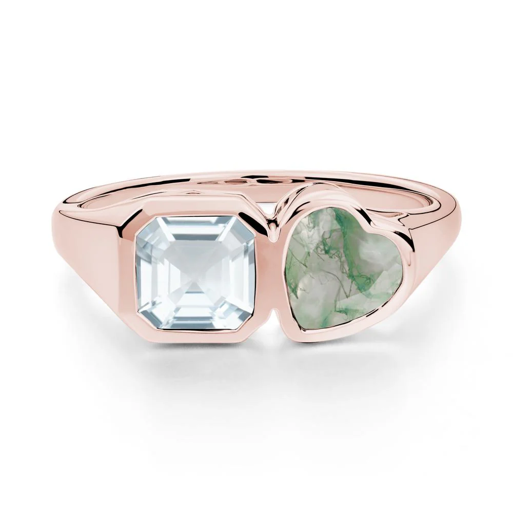 Asscher and Heart Shaped Aquamarine and Moss Agate Tet Moi Ring - Image 2