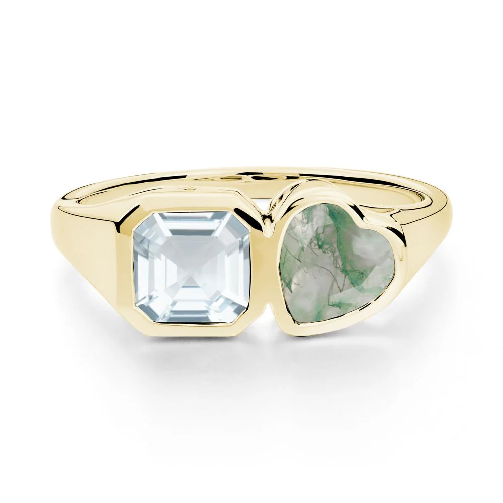 Asscher and Heart Shaped Aquamarine and Moss Agate Tet Moi Ring - Image 3
