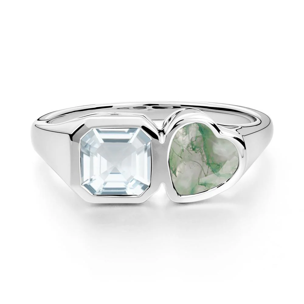 Asscher and Heart Shaped Aquamarine and Moss Agate Tet Moi Ring - Image 4