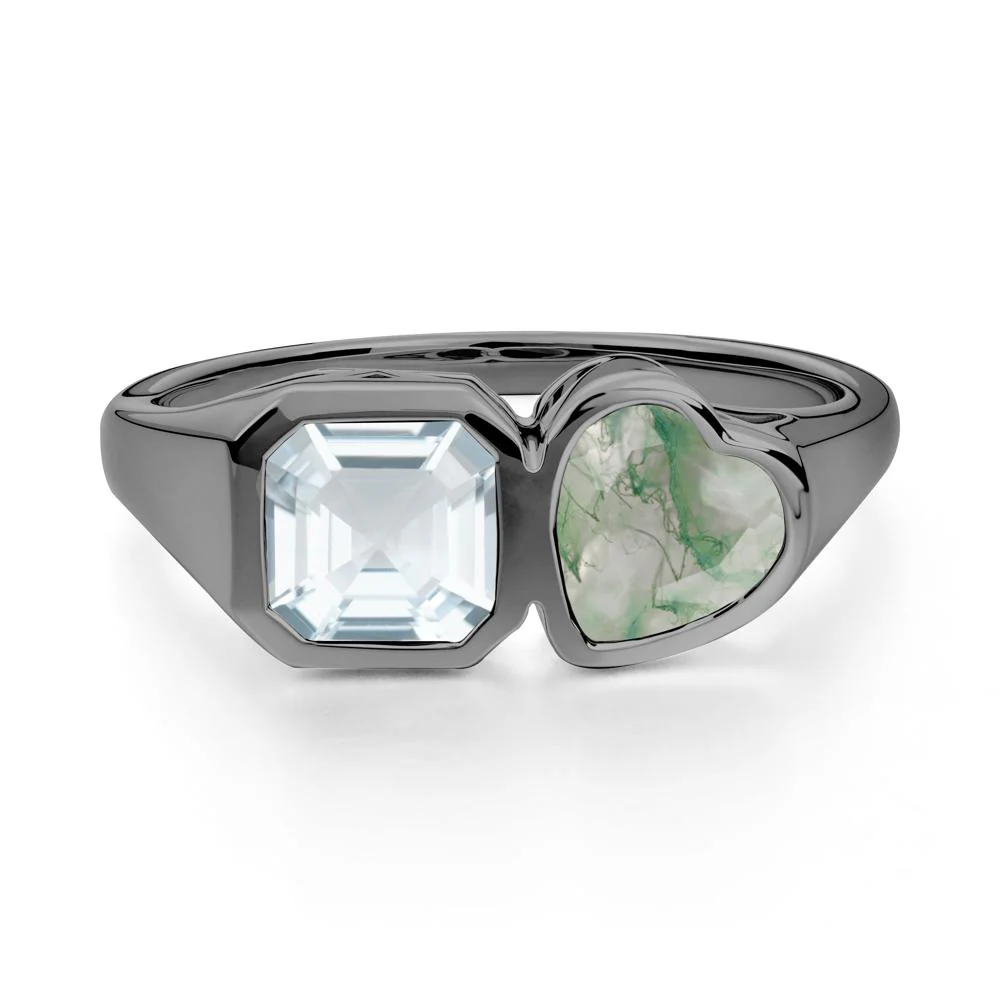 Asscher and Heart Shaped Aquamarine and Moss Agate Tet Moi Ring - Image 7