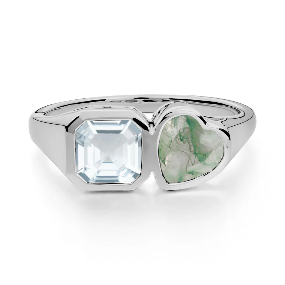 Asscher and Heart Shaped Aquamarine and Moss Agate Tet Moi Ring - Image 9