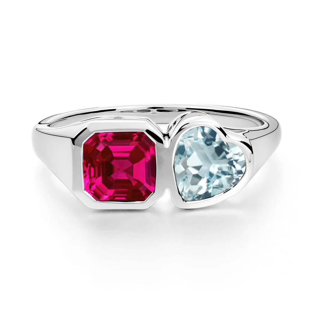 Asscher and Heart Shaped Aquamarine and Ruby Tet Moi Ring - Image 3