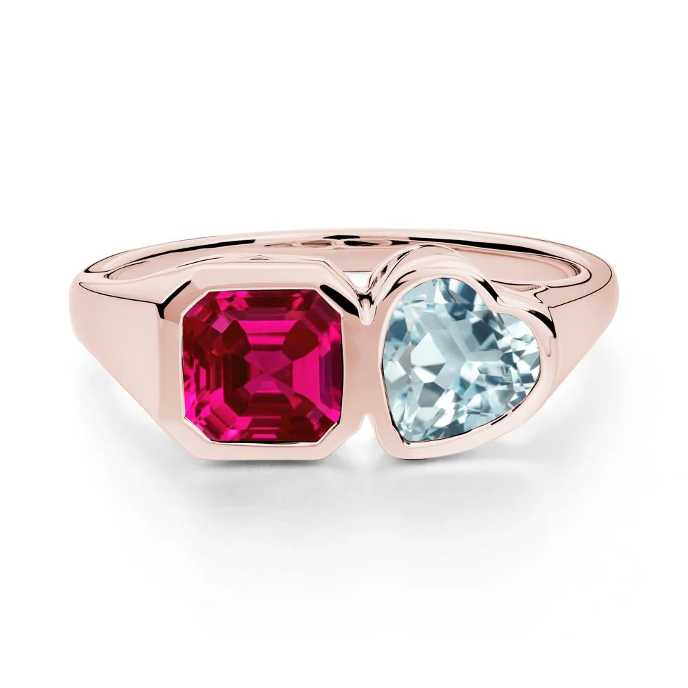 Asscher and Heart Shaped Aquamarine and Ruby Tet Moi Ring - Image 9