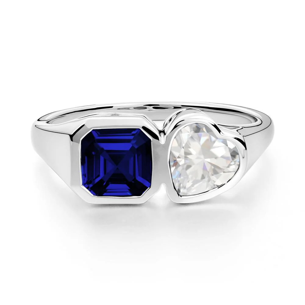 Asscher and Heart Shaped Cubic Zirconia and Sapphire Tet Moi Ring - Image 2