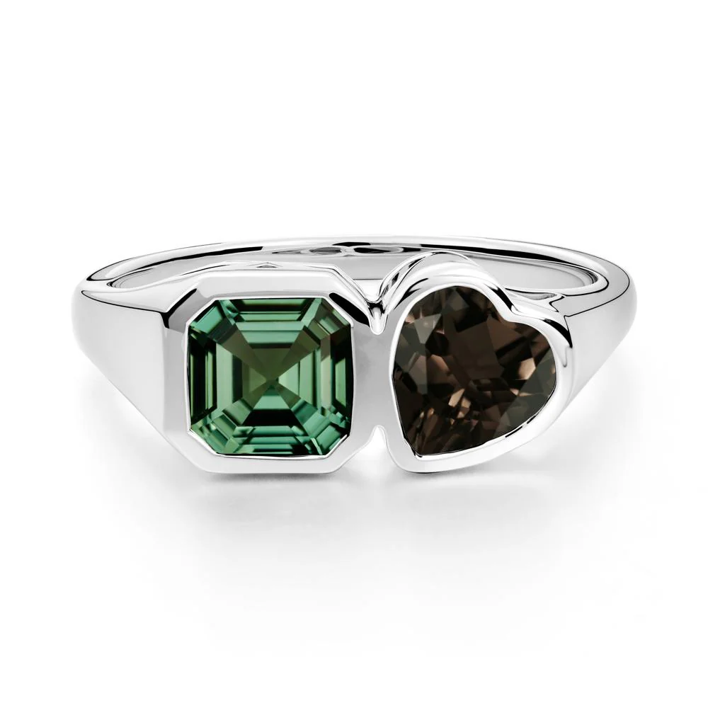 Asscher and Heart Shaped Green Sapphire and Smoky Quartz Tet Moi Ring - Image 2