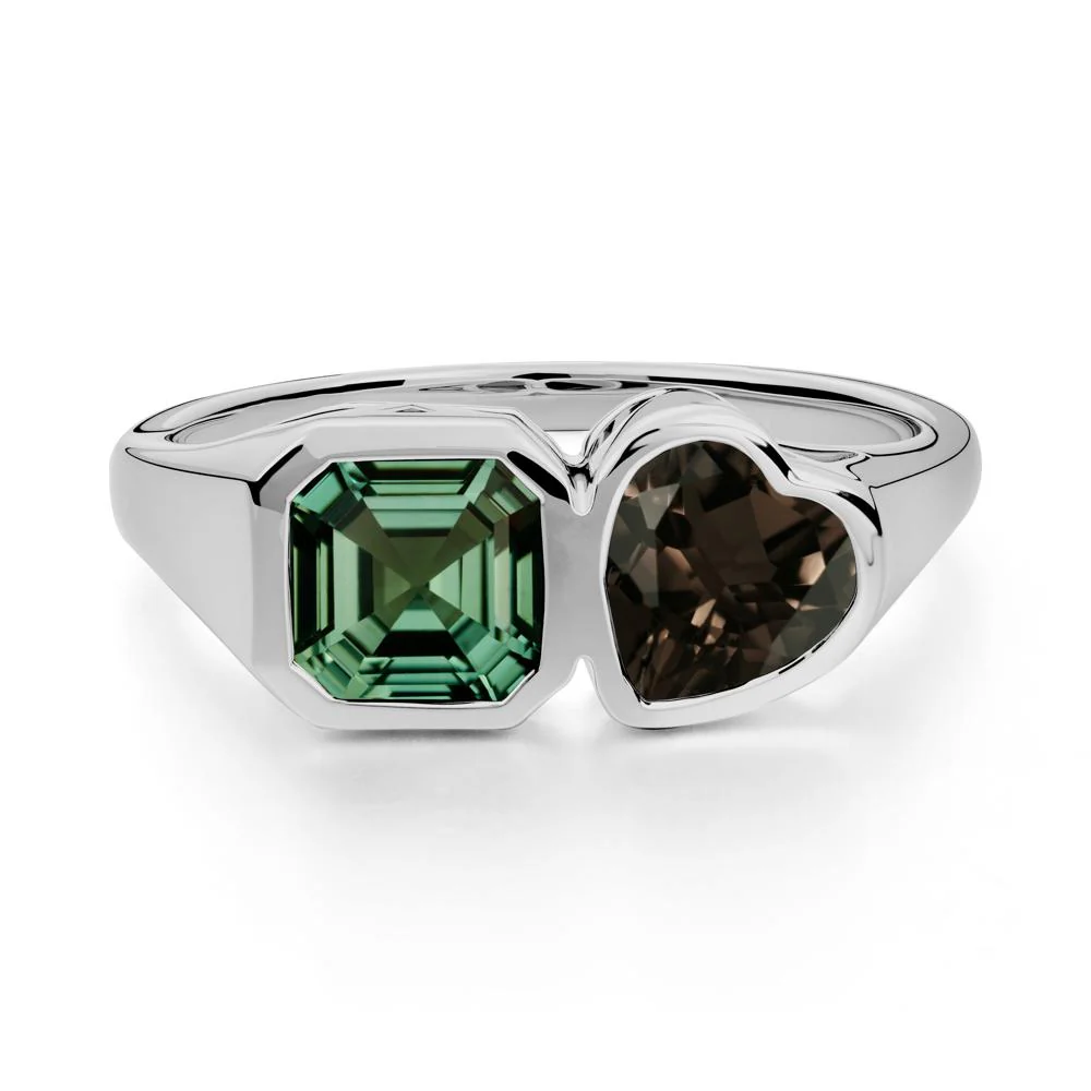 Asscher and Heart Shaped Green Sapphire and Smoky Quartz Tet Moi Ring - Image 4