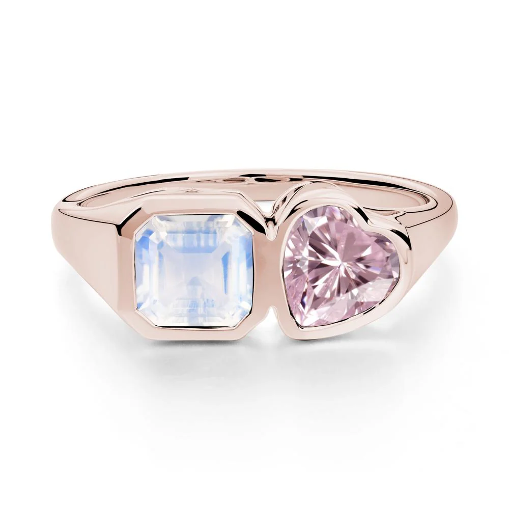 Asscher and Heart Shaped Moonstone and Pink Cubic Zirconia Tet Moi Ring