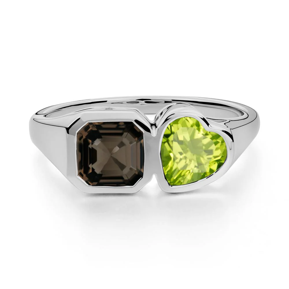 Asscher and Heart Shaped Peridot and Smoky Quartz Tet Moi Ring