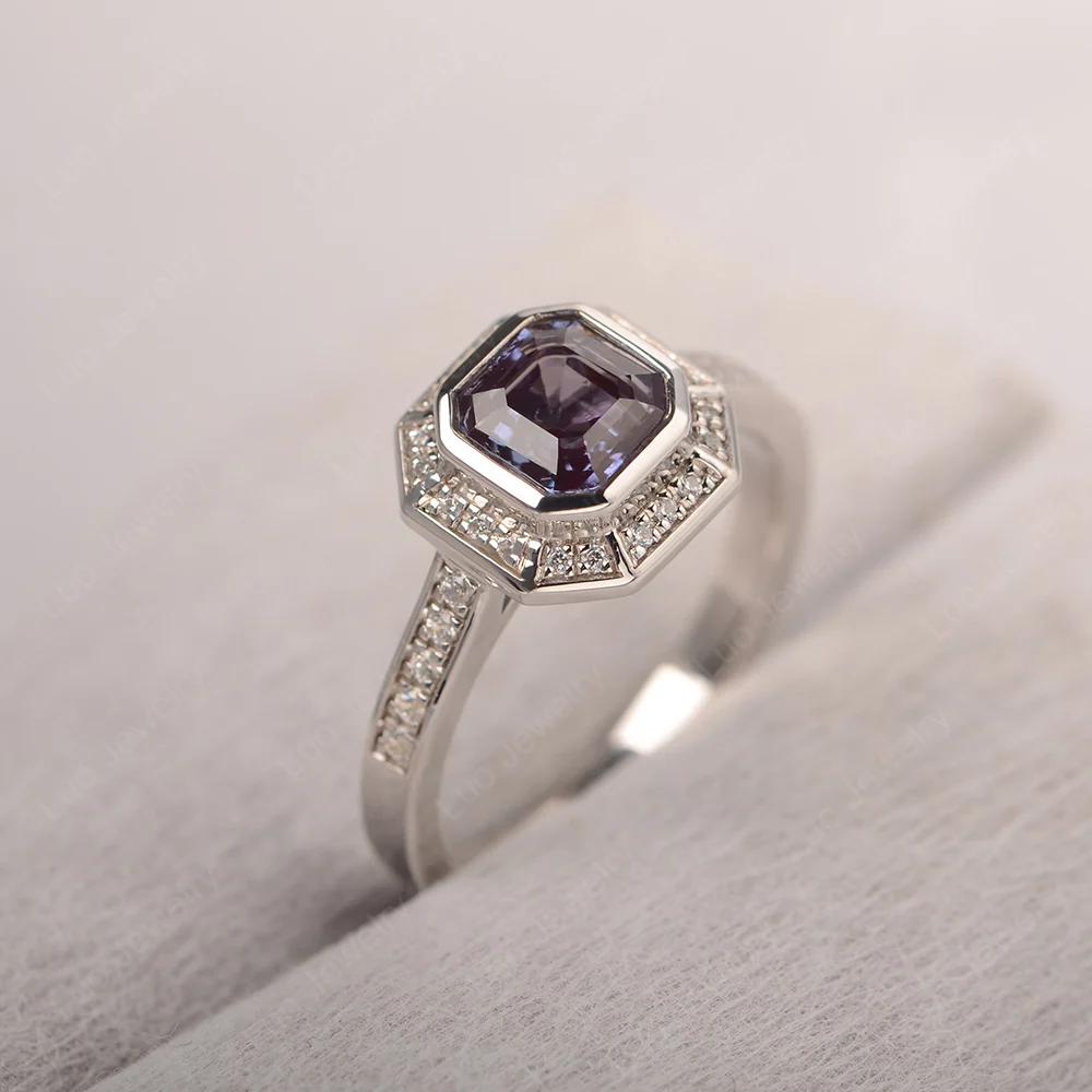 Asscher Cut Alexandrite Bezel Set Halo Ring