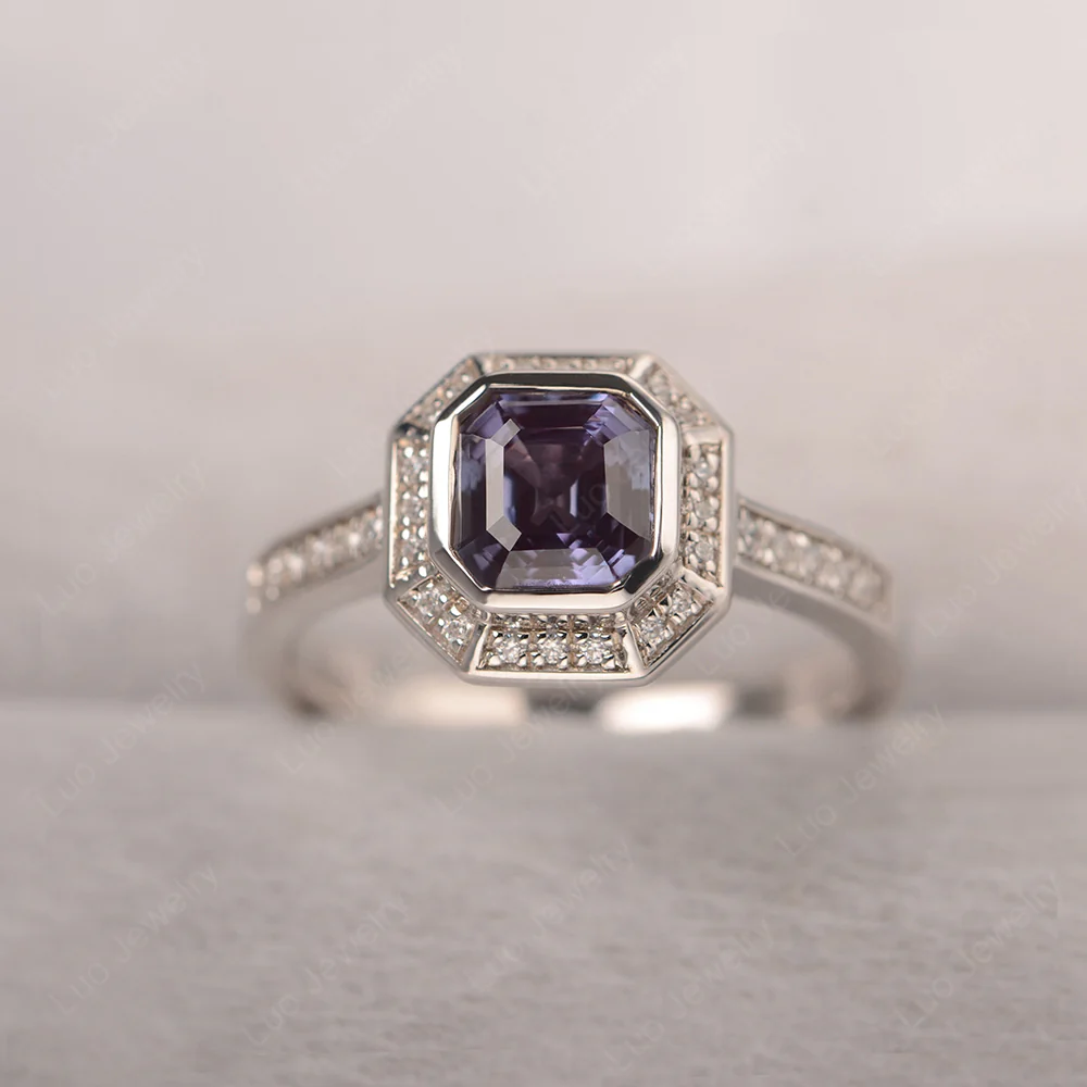 Asscher Cut Alexandrite Bezel Set Halo Ring - Image 2