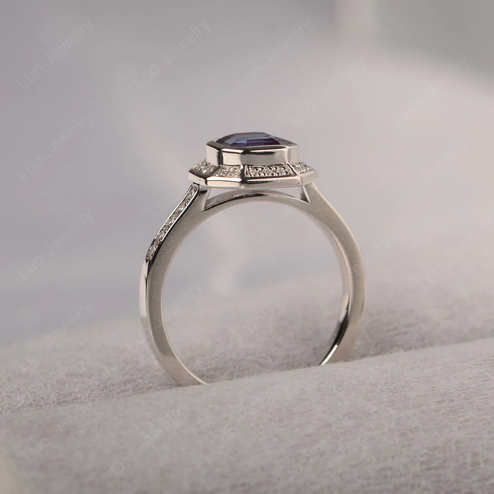 Asscher Cut Alexandrite Bezel Set Halo Ring - Image 3