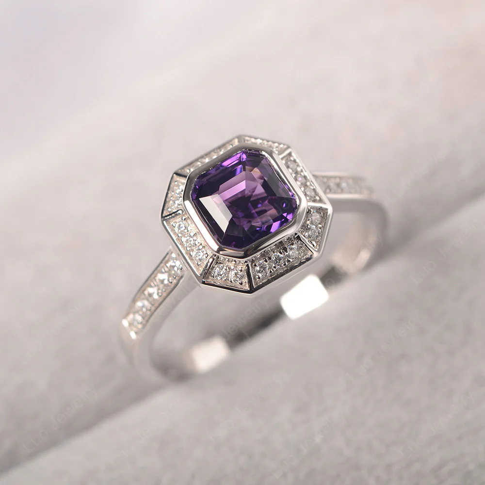 Asscher Cut Amethyst Bezel Set Halo Ring
