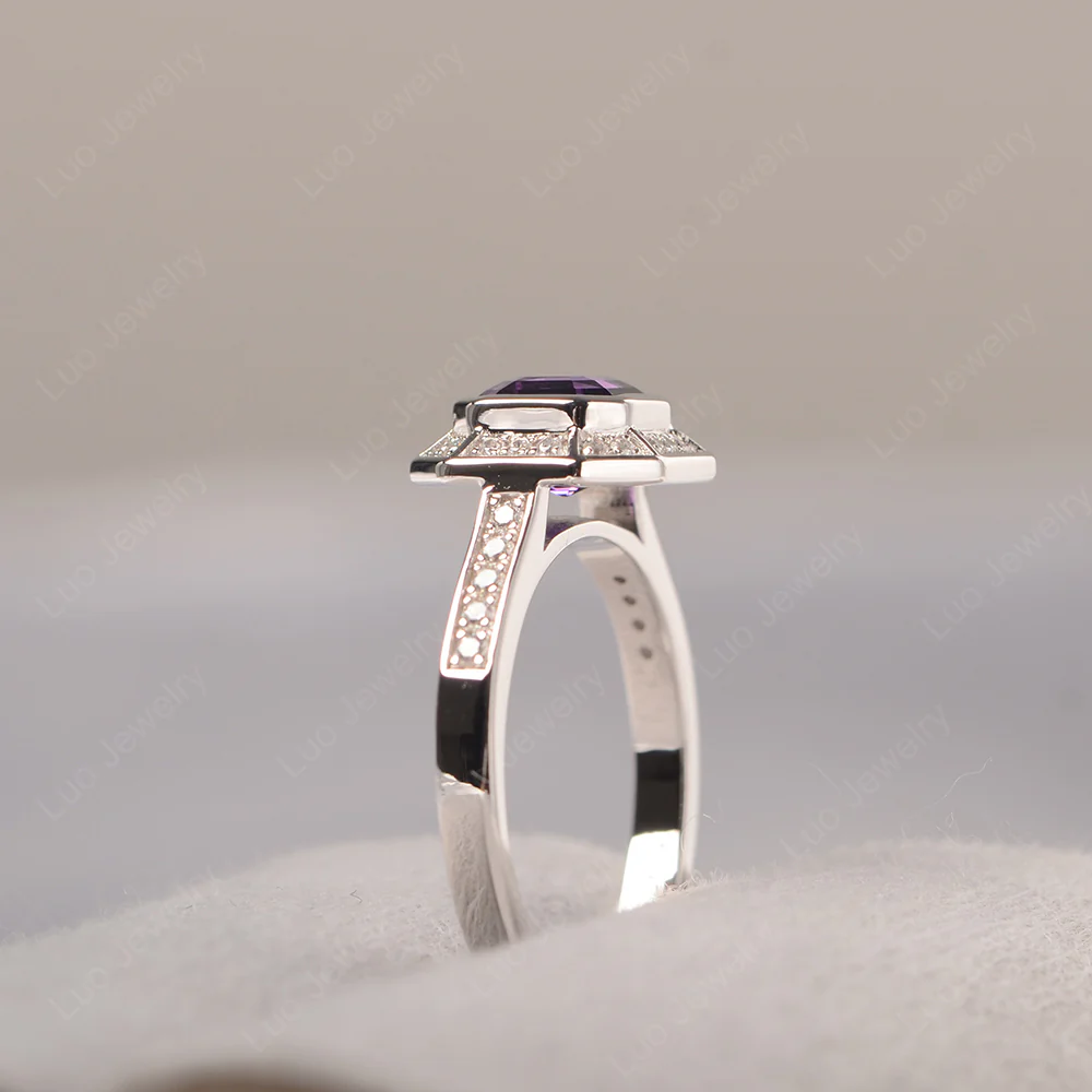 Asscher Cut Amethyst Bezel Set Halo Ring - Image 4