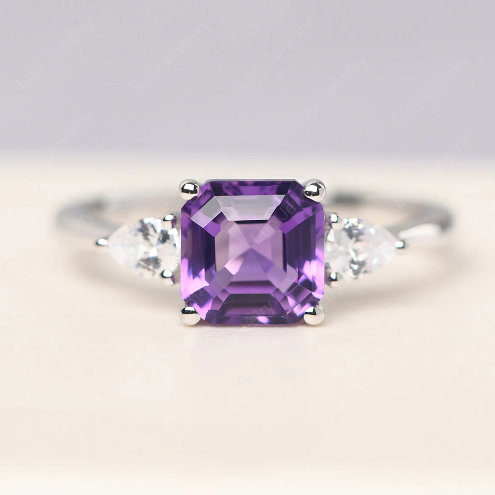 Asscher Amethyst Ring with Pear Side Stone