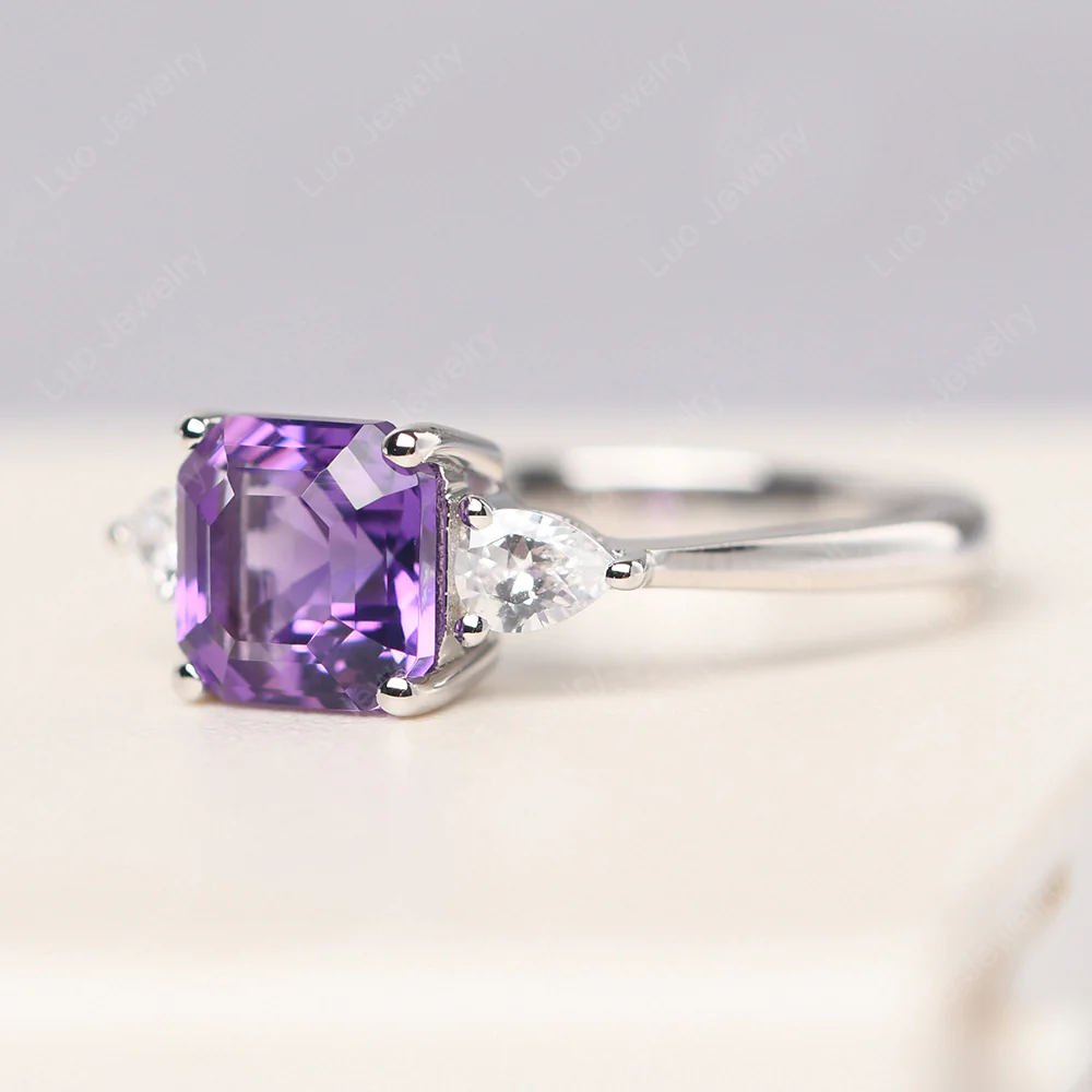 Asscher Amethyst Ring with Pear Side Stone - Image 2