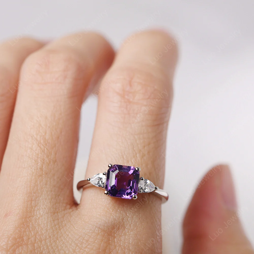 Asscher Amethyst Ring with Pear Side Stone - Image 5