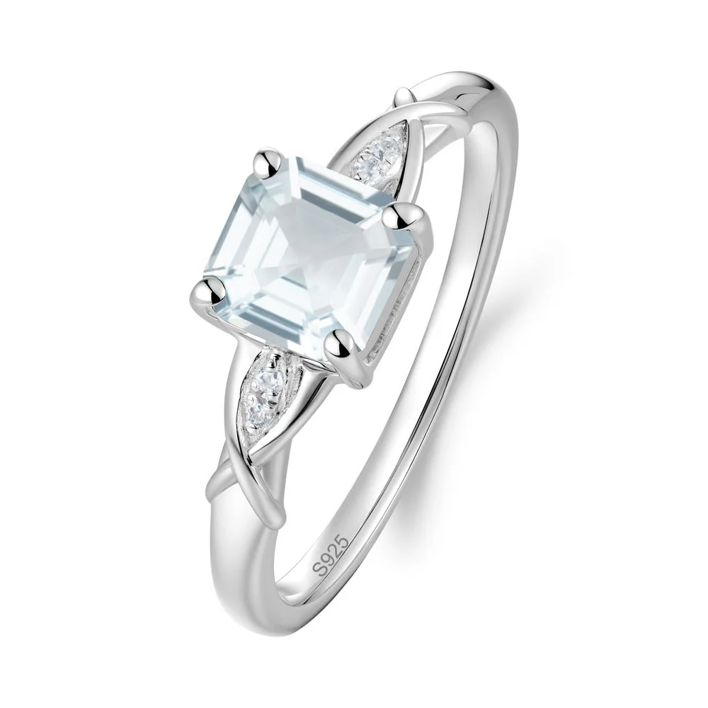 Asscher Cut Aquamarine Solitaire Ring with Criss-Cross Band - Image 3
