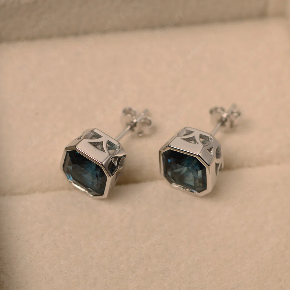 Asscher Cut London Blue Topaz Bezel Stud Earrings - Image 3