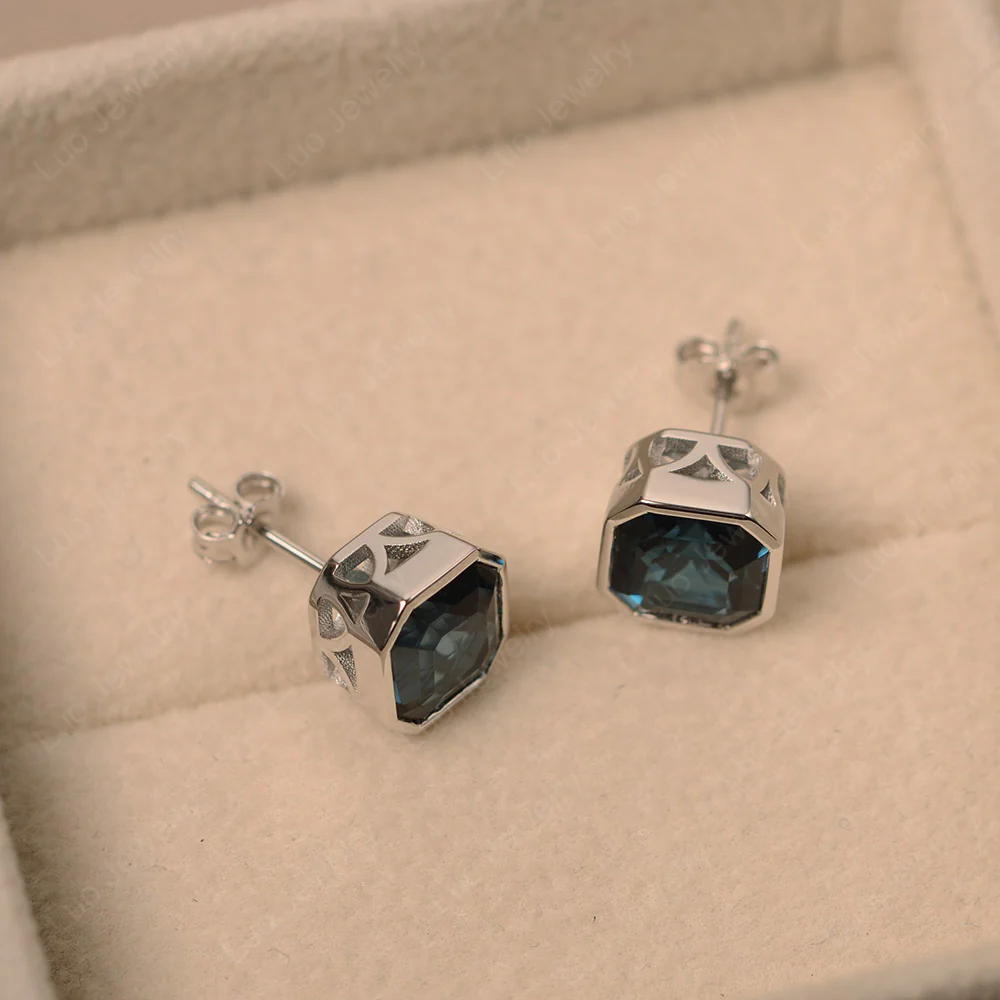Asscher Cut London Blue Topaz Bezel Stud Earrings - Image 4