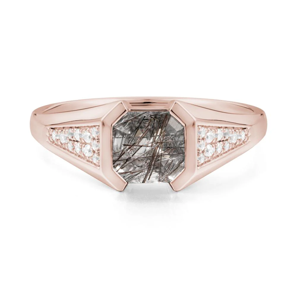 Asscher Cut Black Rutilated Quartz Bezel Ring