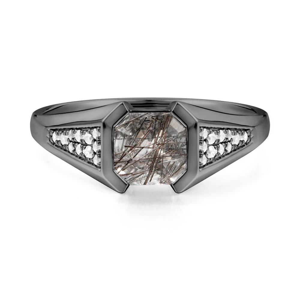 Asscher Cut Black Rutilated Quartz Bezel Ring - Image 2