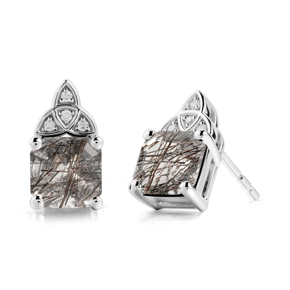 Asscher Cut Black Rutilated Quartz Celtic Knot Earrings - Image 6